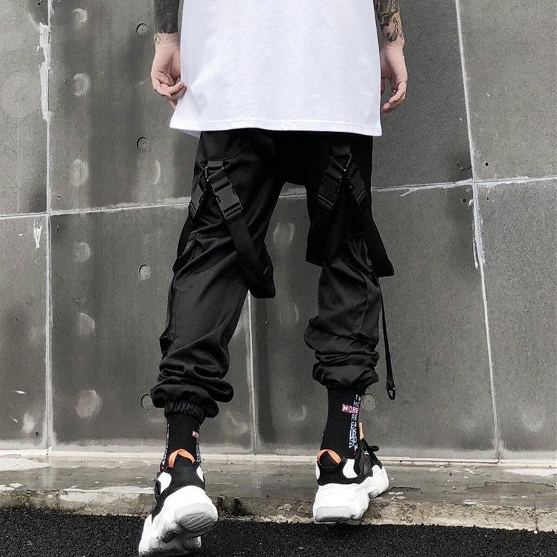 Streetwear Cargo Pants Men Harajuku Tactical Ribbon Multi-pocket Trousers Women Elastic Waist HipHop Male Black Pant Men's