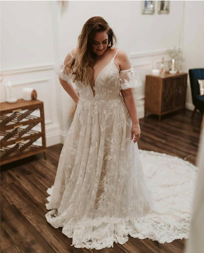 Plus Size Mermaid Wedding Dresses Bride Gown Lace Applique Spaghetti Straps Short Sleeves Custom Made Beaded Vestidos De Novia