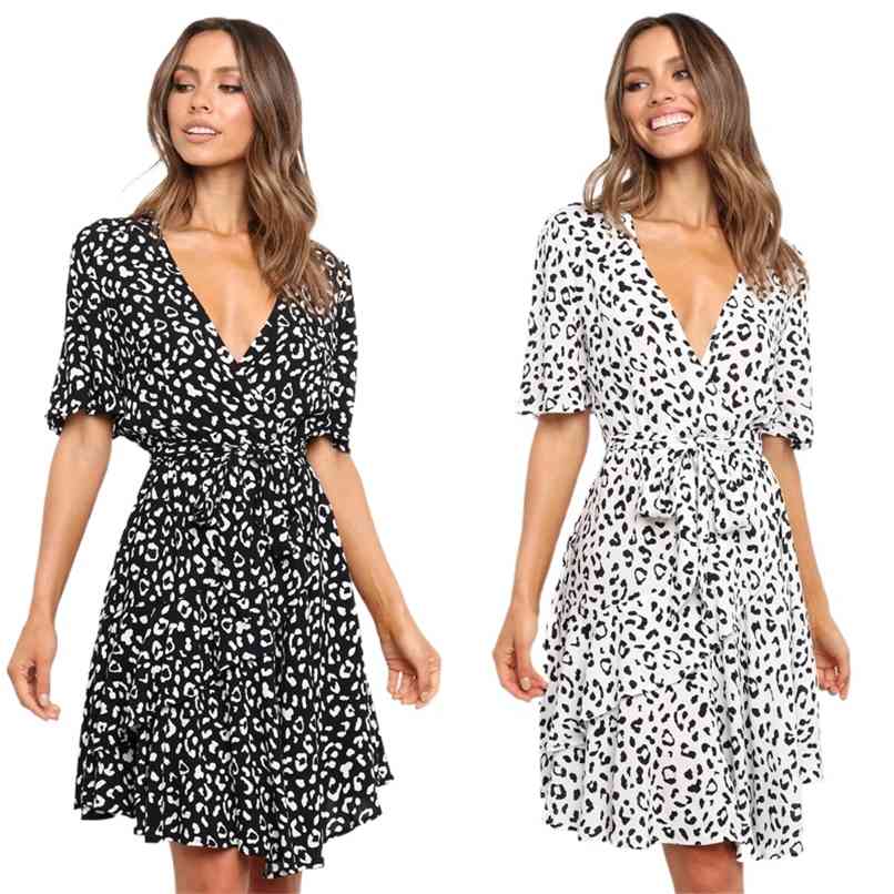 Fashion dress summer Short Sleeve Printed lace-up women V-neck midi skirt clothing white 210520, Black
Fashion dress summer Short Sleeve Printed lace-up women V-neck midi skirt clothing white 210520, Black