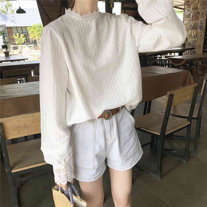 Blouse Women White Striped Ladies Tops Autumn Korean Cotton Shirt for Lace Casual Lantern Long Sleeve Pullover 10912 210427