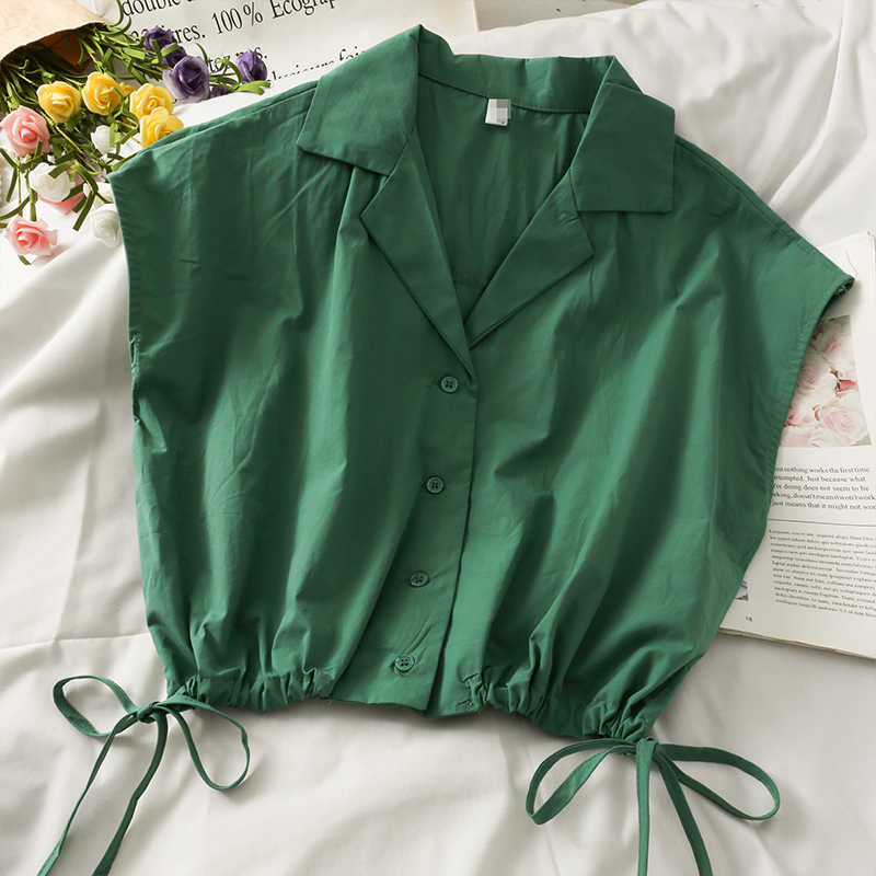 Korean Sleeveless Notched Collar Blouse Tops Drawstring Slim Waist Short Shirt Women Summer Blusas Mujer 6J661 210603