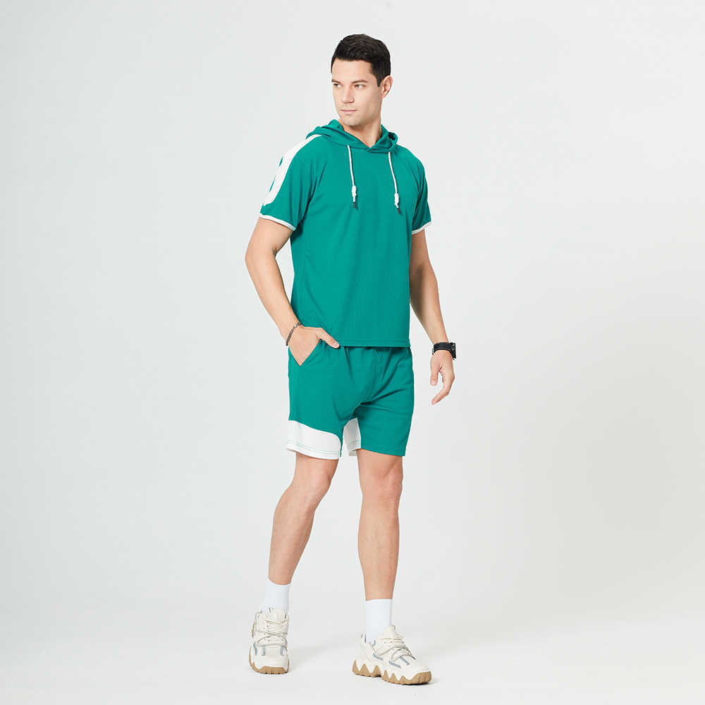 Fashion T-shirt Shorts Set Men Summer Patchwork Tracksuit Hooded T Shirts Man Casual Tee Shirt Sets Sweat Suits Sportswears 2pcs 210603