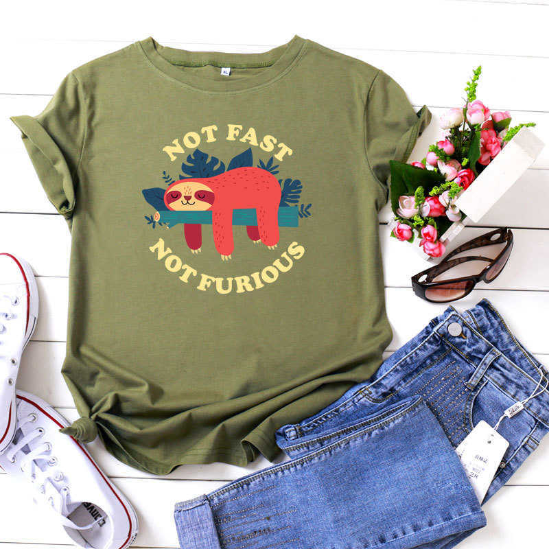 100% Cotton Cute Lazy Sloth Women T-Shirt Casual Loose Short Sleeve Fashion High Street Female Tees S-5XL Plus Size W877 210526