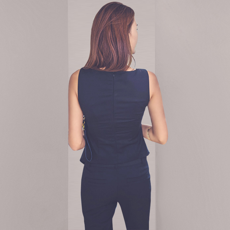 Summer 2 Piece Set Elegant Solid Color Office OL Work Lady Sleeveless Slim Blouse + pencil Pants Suit Female 210519