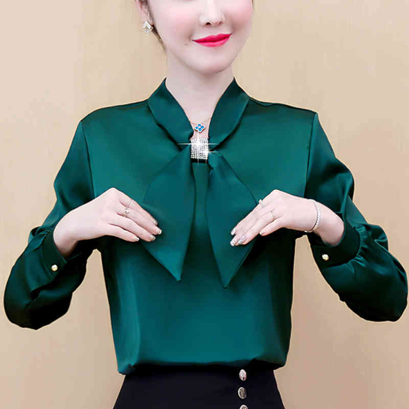 Elegant Women Long Sleeve Blouse Blouses Spring Autumn OL Style Shirt Fashion Rhinestone Ribbon Tops Blusas 10317 210427