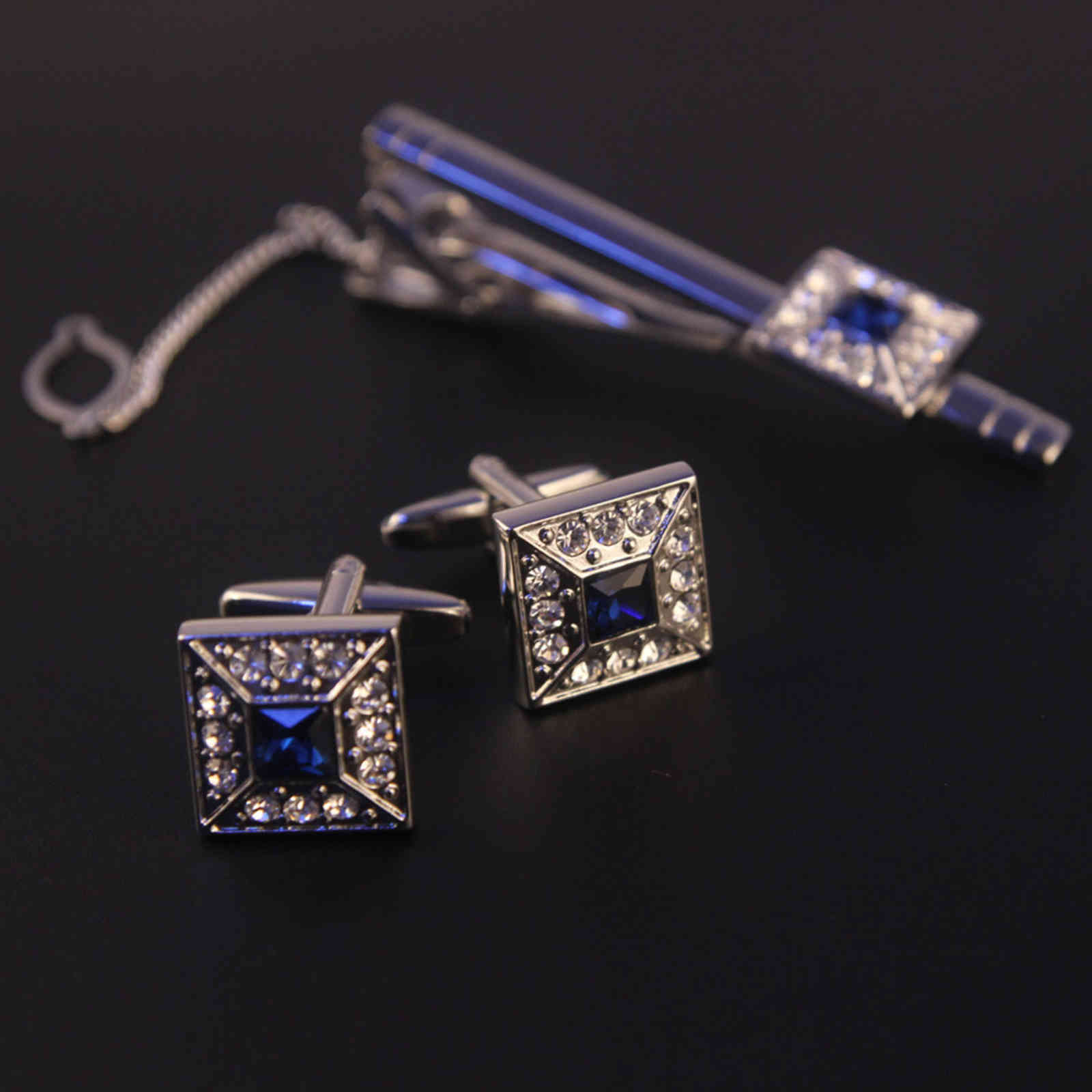 Men's Diamond Inlaid Silver Gold Tie Clip Metal Cufflinks 2-piece Set Boutique 5