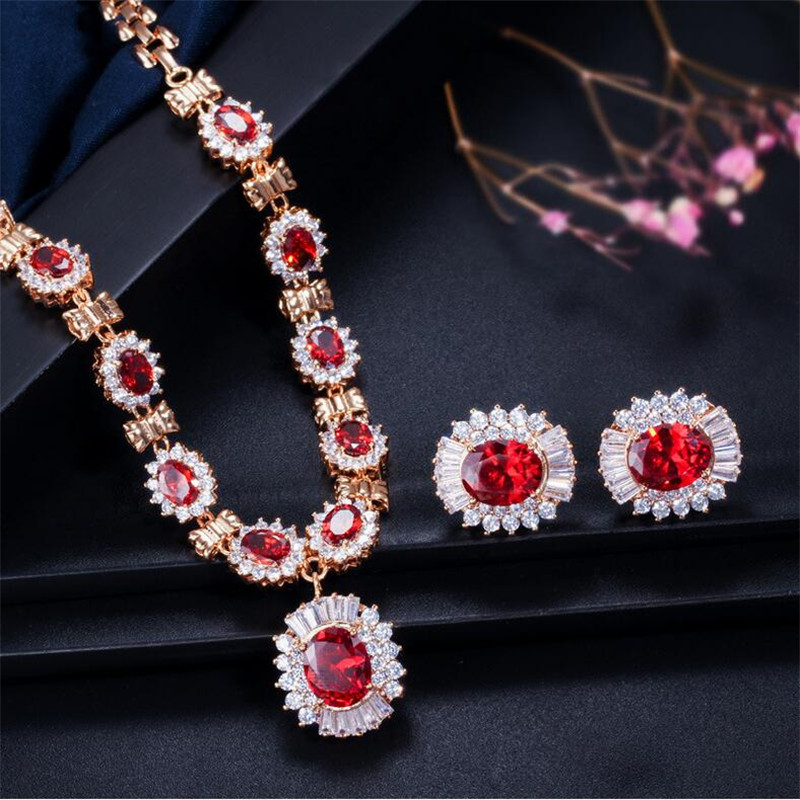 Choucong Brand Vintage Jewelry Set 18K Gold Fill Full Oval Cut Multi Color 5A Cubic Zircon Necklace Stud Stunning Earrings Women Wedding Bridal Jewell