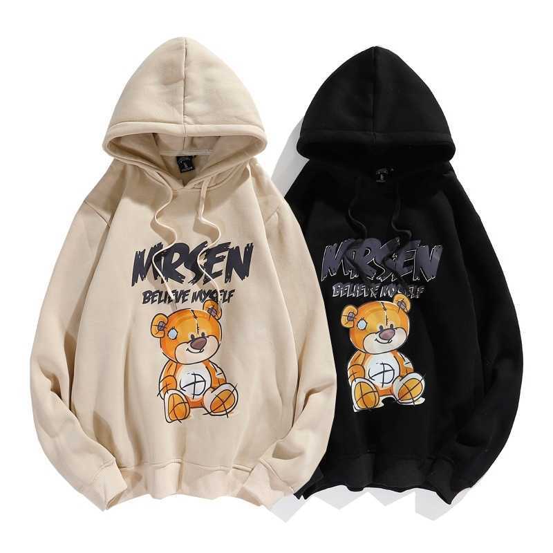 Autumn and winter 2020 new plush couple's fashion loose size hand painted bear hooded men's coat, Black 
Autumn and winter 2020 new plush couple's fashion loose size hand painted bear hooded men's coat, Black