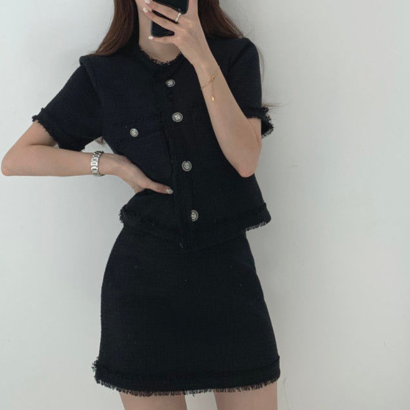 Nomikuma Korean Elegant Two Pieces Outfits Short Sleeve Pockets Cardigan Tops + High Waist Mini Skirt Women Fashion Sets 6H127 210427