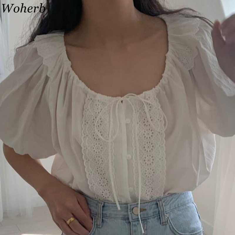 U-neck Shirts Women Short Puff Sleeve Lace Bandage Elegant Blouses Girls Sweet Ruffle White Blouse Korean Cute Summer Top 210519