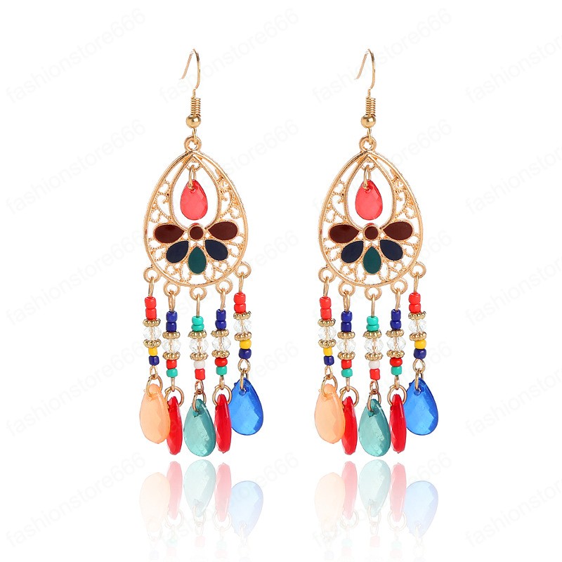 Fashion Bride Wedding Dangle Earrings Colrful Crystal Water Drop Tassel Earring for Women Vintage Flower Bohemian Earring Boho Jewelry