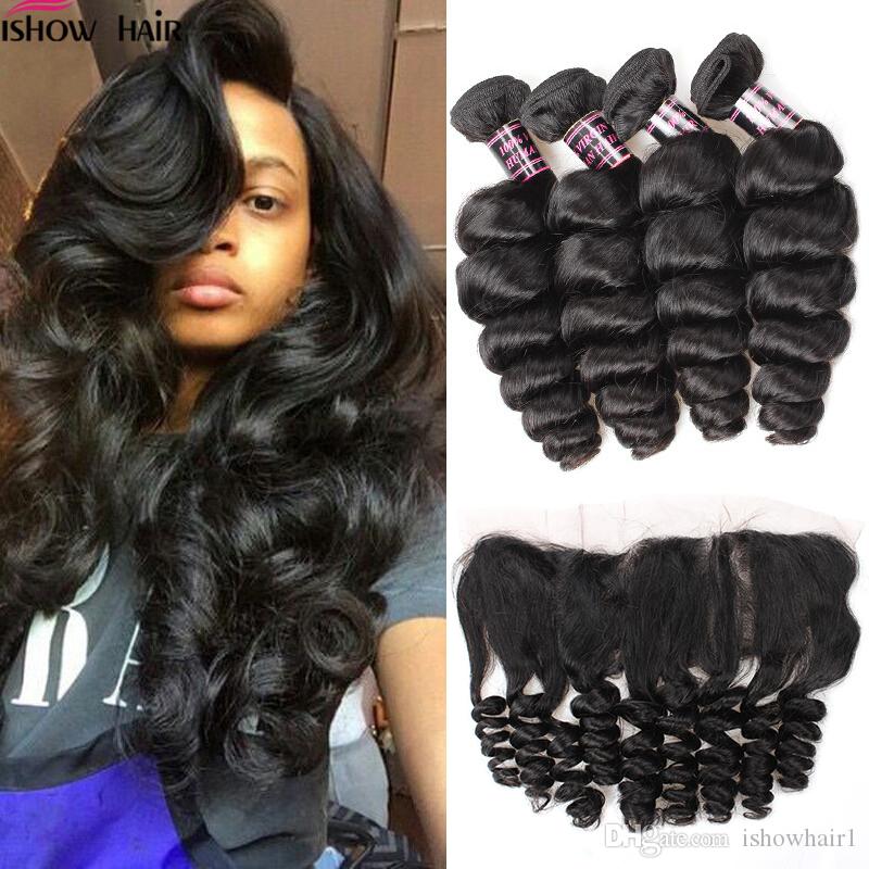 Ishow Loose Deep Body 3/4 PCS with Lace Frontal Peruvian Kinky Curly Human Hair Bundles with Closure Straight Water