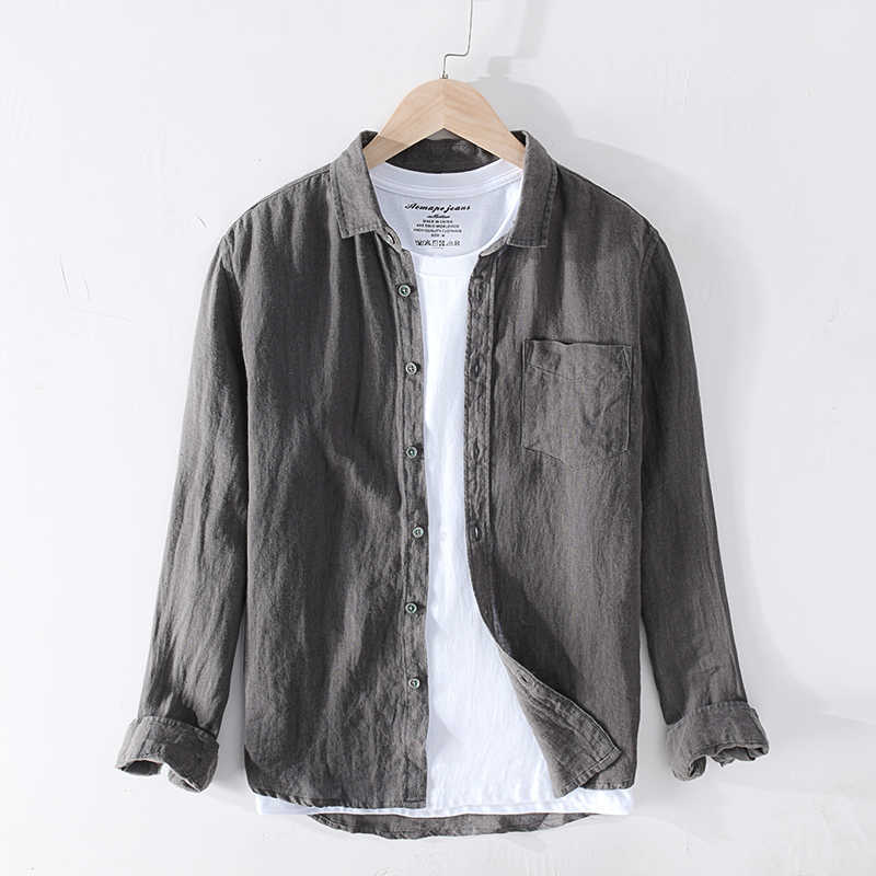 Pure Linen Shirts for Men Long Sleeve Casual Turn-down Collar Basic Classic Tops Male Fashion Solid Color Retro Clothing 210708
