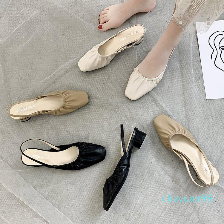 Sandals Woman Leather 2021 Summer Shoes Closed Toe Low-heeled Fashion Girls Square Rubber Scandals Slides Rome Hoof Heel