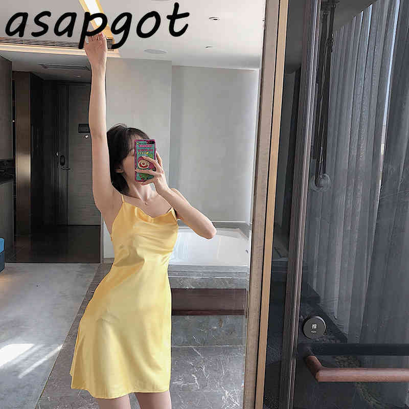 Dresses Satin Summer Sexy Gold Yellow Spaghetti Strap Silk Dress Women Sleeveless Mini Slim Temperament Vestido Feminino 210429