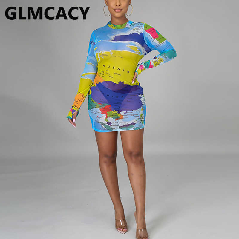 Women Long Sleeve Mesh Map Printed Bodycon Dress Sexy Party Club Dresses 210702