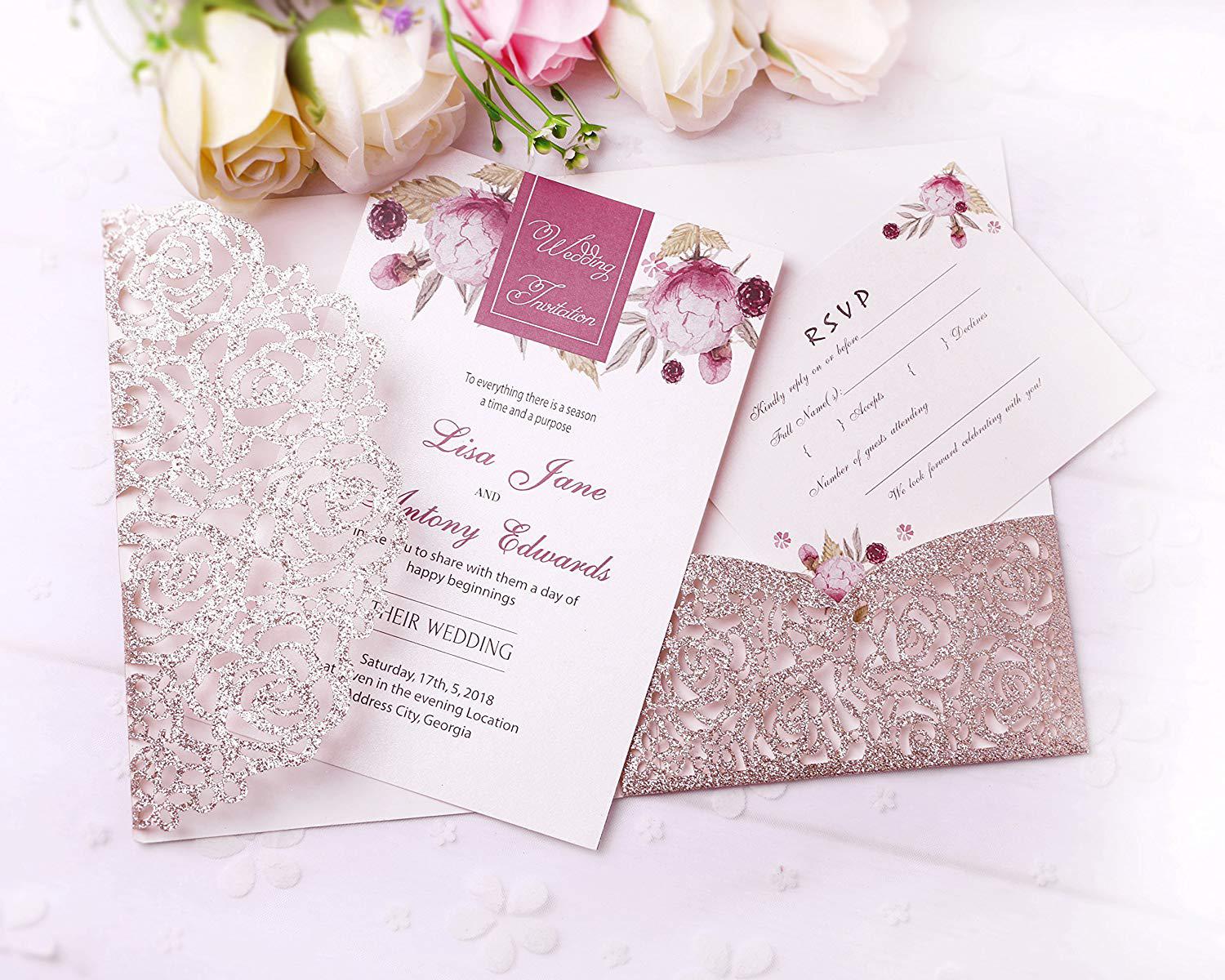 2021 New Wedding Gold Glitter Invitations Cards With Burgundy Ribbons For Wedding Bridal Shower Engagement Birthday Graduation Invite