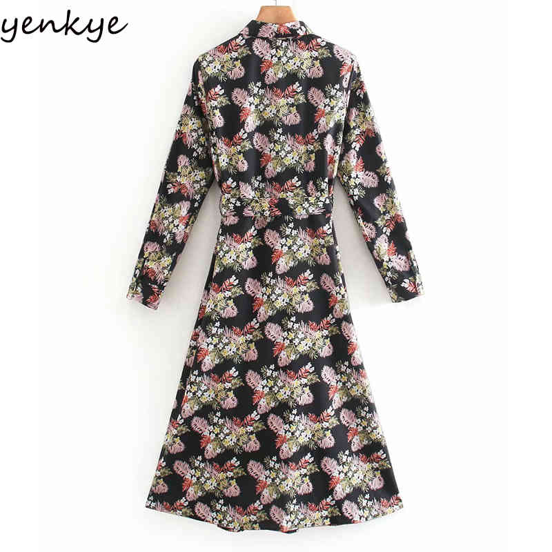 YENKYE Vintage Floral Print Women Dress Lapel Collar Long Sleeve With Belt A-line Midi Dress Spring Casual Vestido 210515