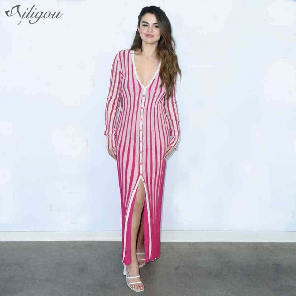 Summer Women'S High-Quality Sexy V-Neck Button Pink Striped Split Sweater Dress Elegant Club Banquet 210525