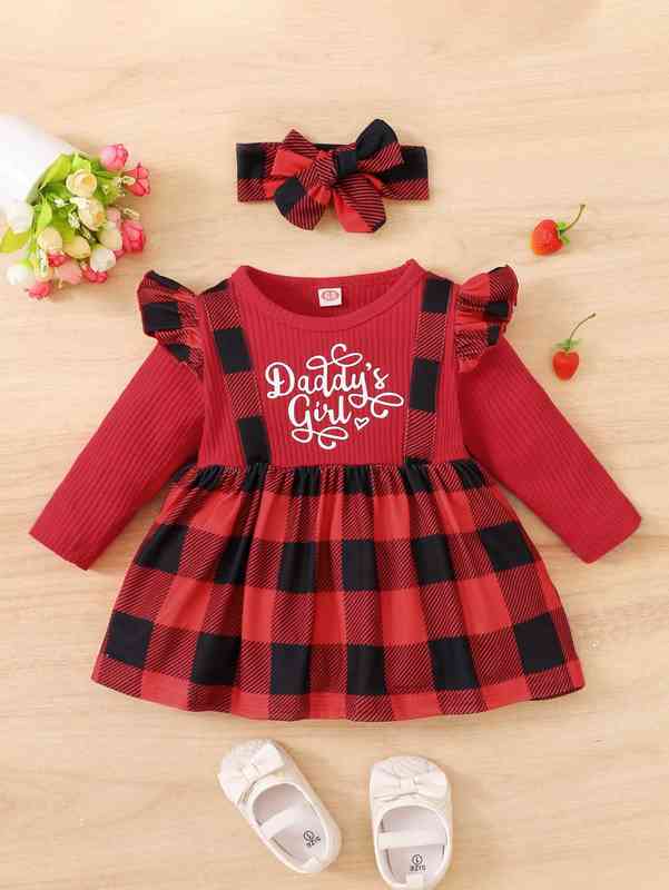 Baby Slogan & Buffalo Plaid Print Ruffle Trim Dress SHE