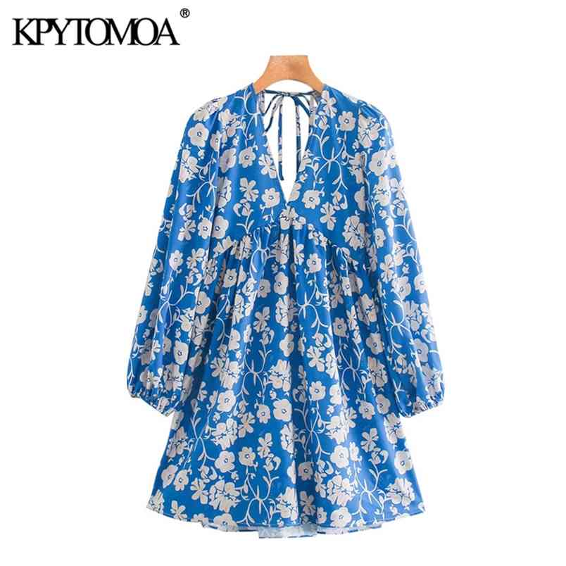 Women Chic Fashion Floral Print Pleated Mini Dress Puff Sleeves Backless Elastic Female Dresses Vestidos 210420