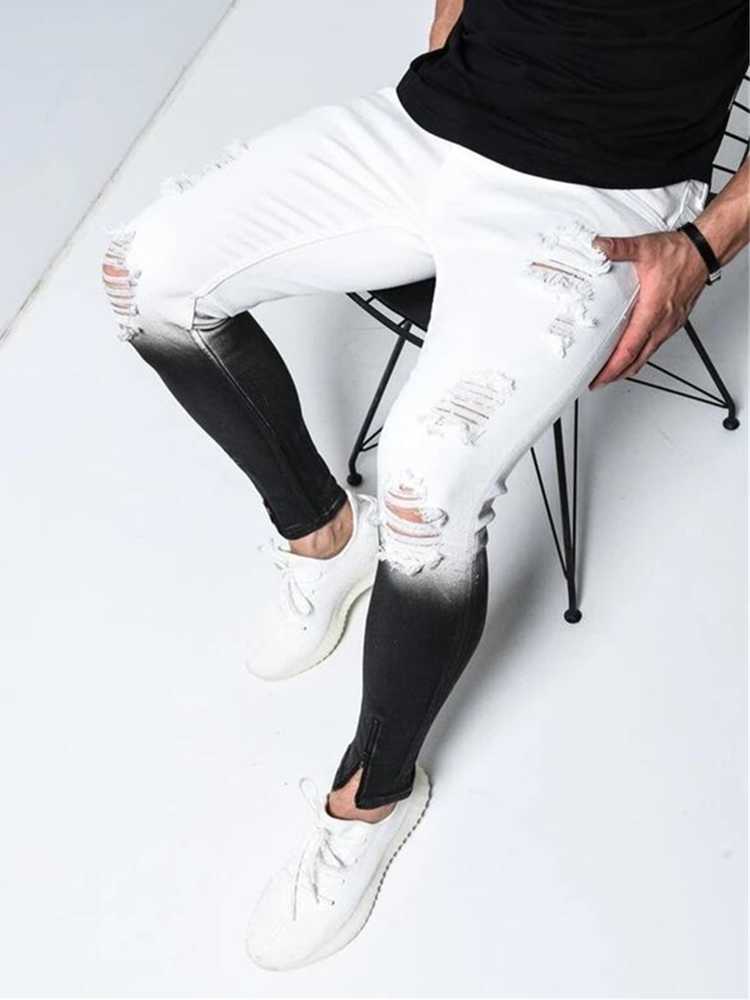 Springtime Men's Skinny Stretch Ripped Male Jeans Slim Fit Denim Trousers Streetwear Gradient White Black Jogging Jeans Men X0621
