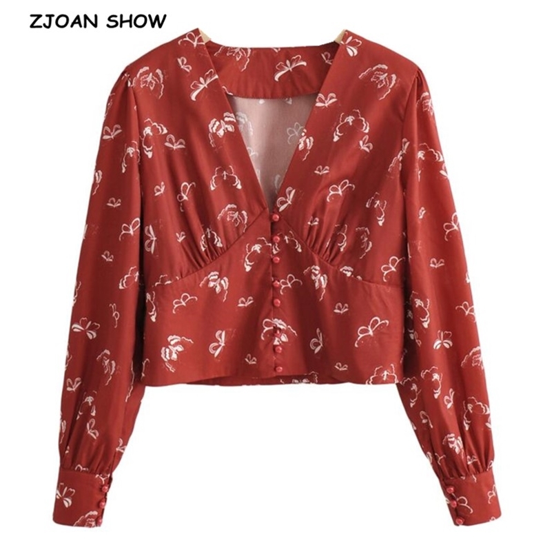 France Retro Long Puff Sleeve Floral Print Shirt Red Women Single-breasted buttons Slim Waist Short Blouse Girl's Tops 210429