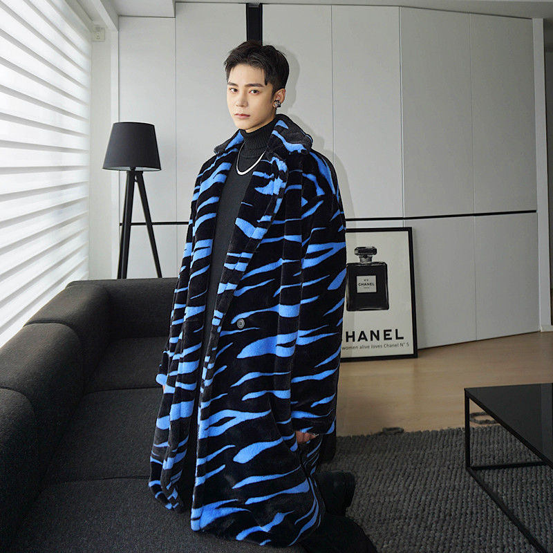 IEFB Autumn and winter comfortable fur fabric long coat men's mid length blue Zebra pattern warm single button clothes 9Y4694 210524
