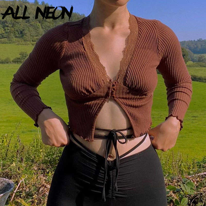 women's deep V-neck lace jacket, brown long sleeve T-shirt, Y2K fashion Raja at the bottom, retro aesthetic jacket in 1990s 210602