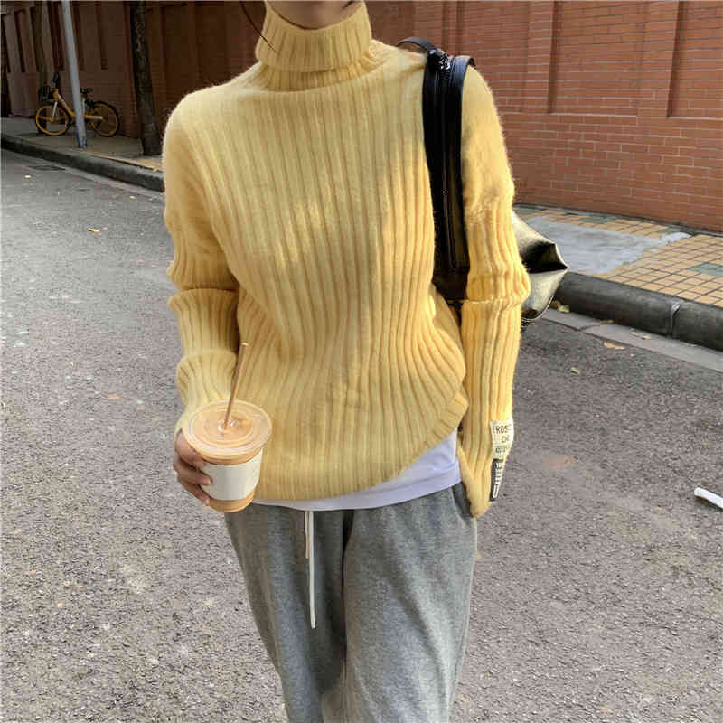 OL Elegant Solid Turtleneck Basic Knitted Sweater Female Bottoming Tops Autumn Winter Warm Pullovers Women Sweaters 210421