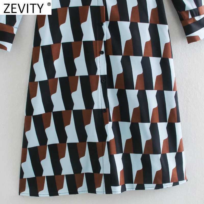 Zevity Autumn Women Vintage Contrast Color Geometric Print Bow Tied Sashes Midi Dress Ladies Chic Long Sleeve Vestido DS4768 210603