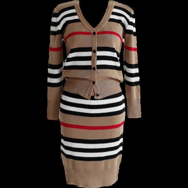 Autumn 2 Piece Suit Ladies Winter Knitting Striped Korea Long Sleeve V Neck Tops and Mini Skirt Sexy Set for Women Clothing 210708
