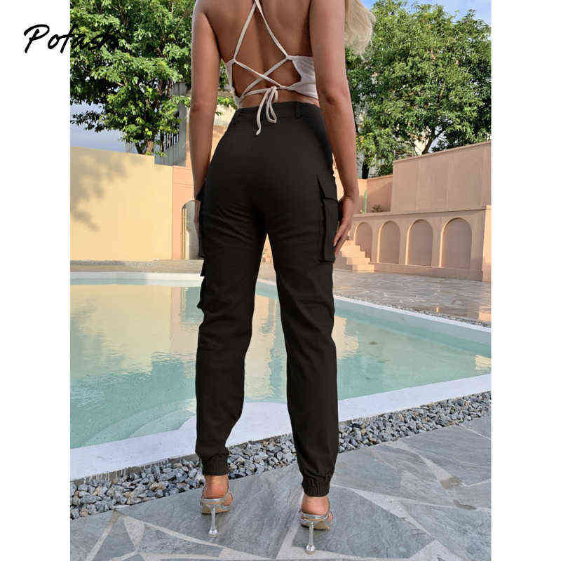 Pofash Solid Black Flap Pocket Cargo Pant Clothing Mid Waist Autumn Long Pencil Mujer Slim Zipper Casual Trousers 211124