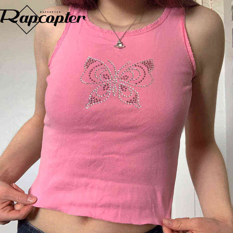 Rapcopter Y2K Butterfly Tank Tops Lace Trim Cute Sweet Basic Crop Top O Neck Sleeveless Rhinestone Summer Sweats Mini Vest Women Y220308