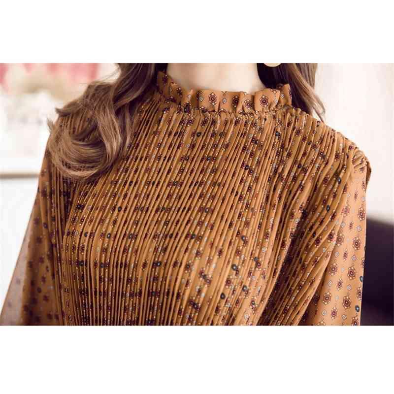 Women chiffon dress autumn winter female elegant vintage long sleeve printed pleated office lady casual loose es 210423