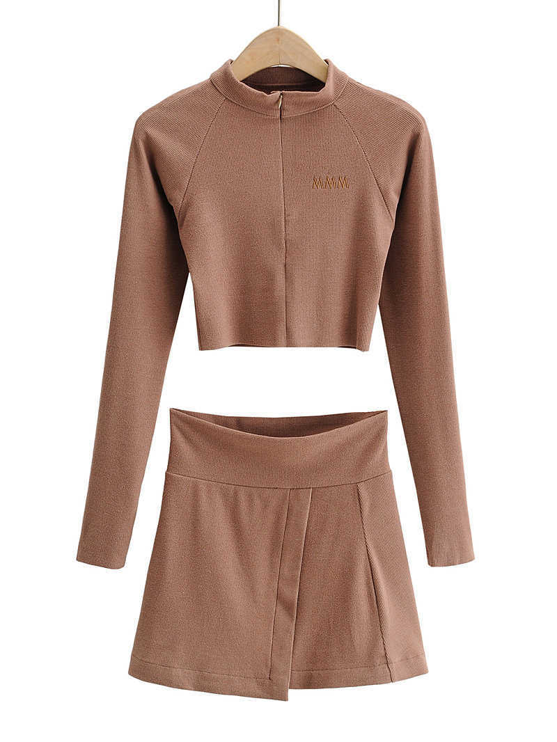 Spring Slim Short Zipper Long Sleeve T-shirt Women+Ribbed Skirt Casual Suit Female 2 piece set women 210607, Khaki
Spring Slim Short Zipper Long Sleeve T-shirt Women+Ribbed Skirt Casual Suit Female 2 piece set women 210607, Khaki