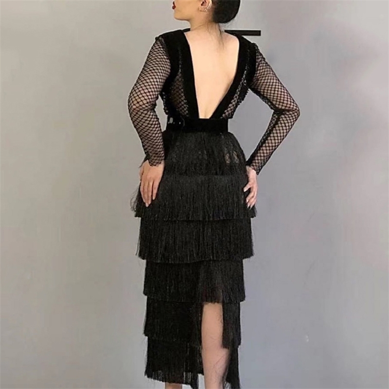 Summer Women Black Tassel Bandage Dress Sexy Hollow Out Long Sleeve Club Celebrity Runway Party Dresses Vestidos 210423