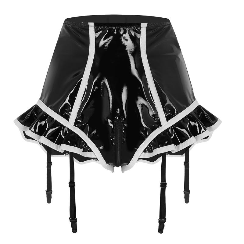Women Lingerie Sissy Latex Panties Sexy Wet Look Faux Leather Underwear Zipper Open Crotch High Waist Shorts Clubwear Women's