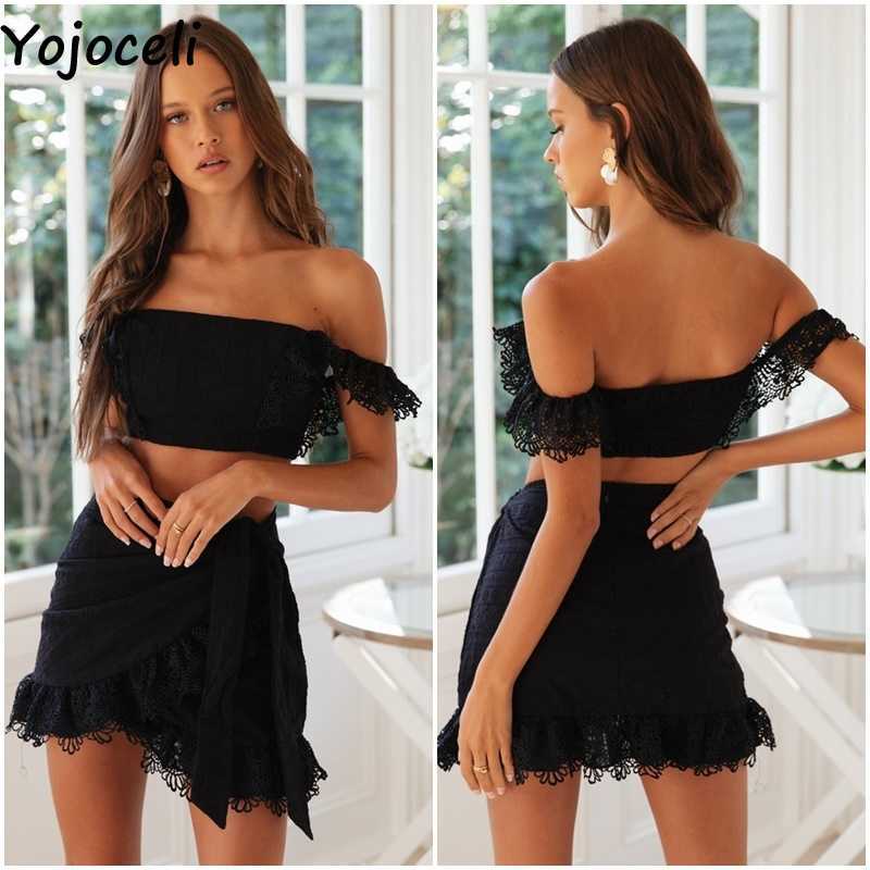 Yojoceli boho beach lace embroidery dres off shoulder croceht 2 pieces set 210609