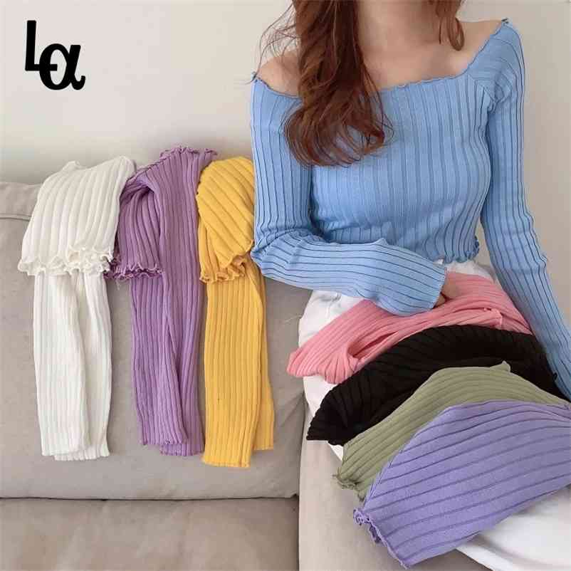 Autumn Slash Neck Sweater Shirts Female Full Sleeve Solid Knitted Sweaters Vintage Elastic Pullovers Casual Crop Tops 210519, Pea green 
Autumn Slash Neck Sweater Shirts Female Full Sleeve Solid Knitted Sweaters Vintage Elastic Pullovers Casual Crop Tops 210519, Pea green