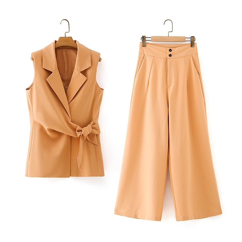 fashion women solid orange vest elegant lady v-neck bow outerwear causal female slim girls chic sets 210430