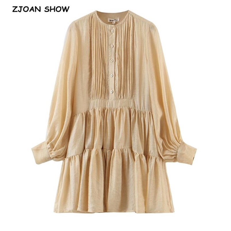 Vintage Open Buttons Round Collar Spliced Pleated Ruched Women Dress Holiday Lantern Sleeve Loose Dresses Beach 210429