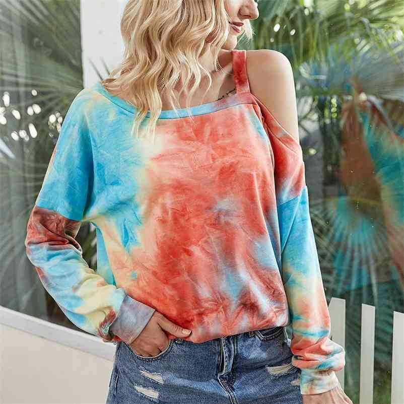Wonder Aesthetic Sweatshirt Fashion Women Loose Round Neck Long Sleeve Off Shoulder Tie Dye Hoodie Tops 210510