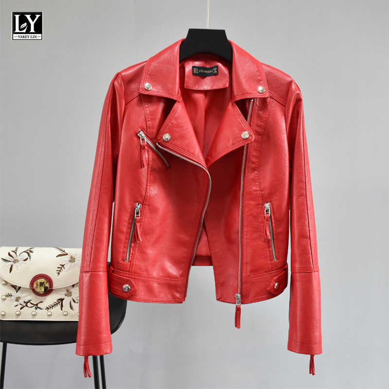 LY VAREY LIN Spring Autumn Women Biker Jacket Pu Faux Soft Leather Motorcycle Zipper Streetwear Multicolor Female Coats 210526