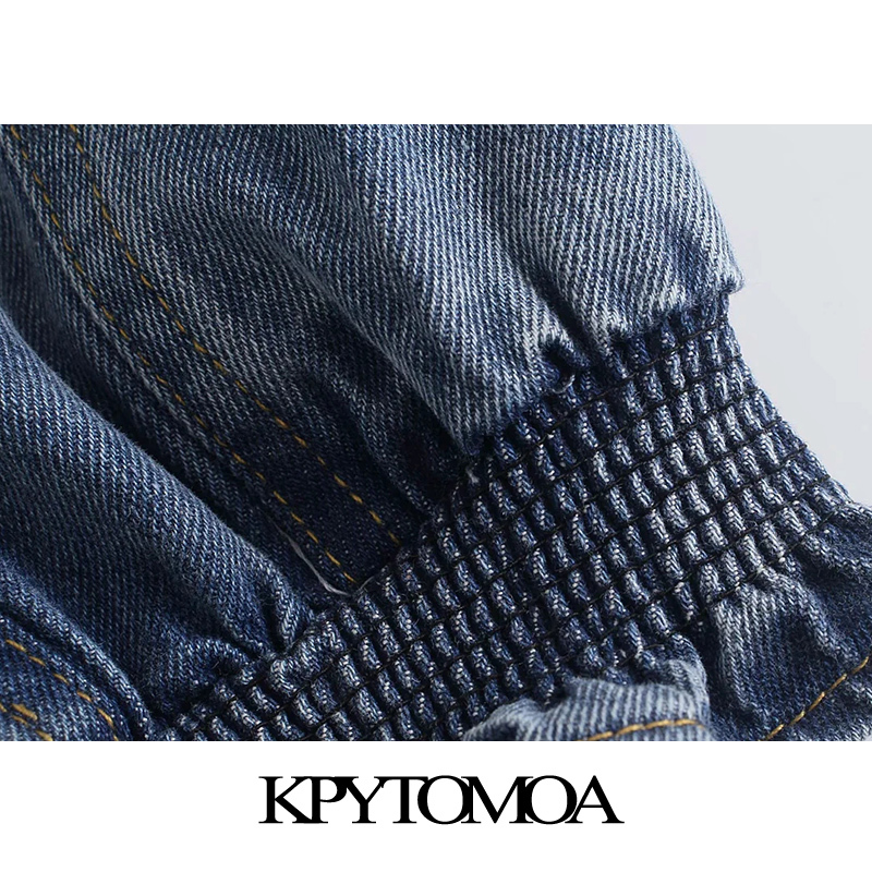 Women Fashion With Elastic Hem Ruffle Cropped Denim Blouses Puff Sleeve Button-up Female Shirts Chic Tops 210420