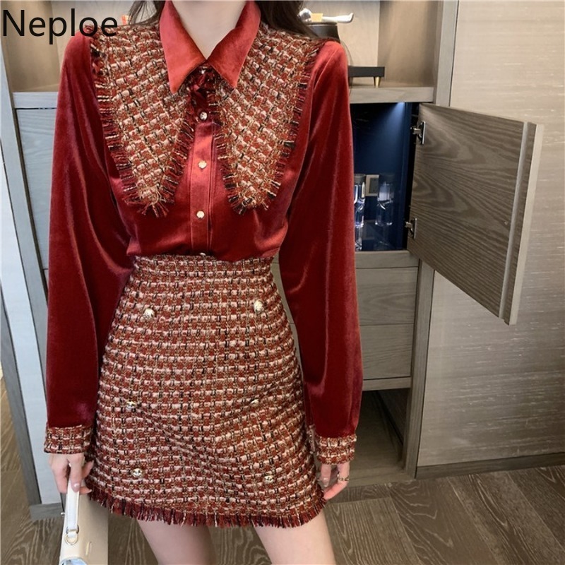 Neploe Two Piece Outfits Women Fall Clothes Elegant Velvet Shirt Tops Bodycon Tassels Mini Dresses Korean Chic Suit 2 Piece Set 210422