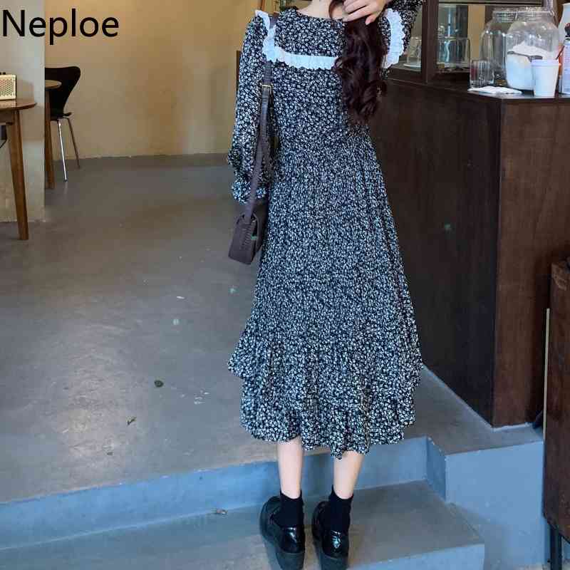 Neploe Women Dress Retro Floral Chiffon Vestidos Spring Plus Size Lace Patchwork Ropa Mujer Long Sleeve Slim Waist Midi Dresses 210422