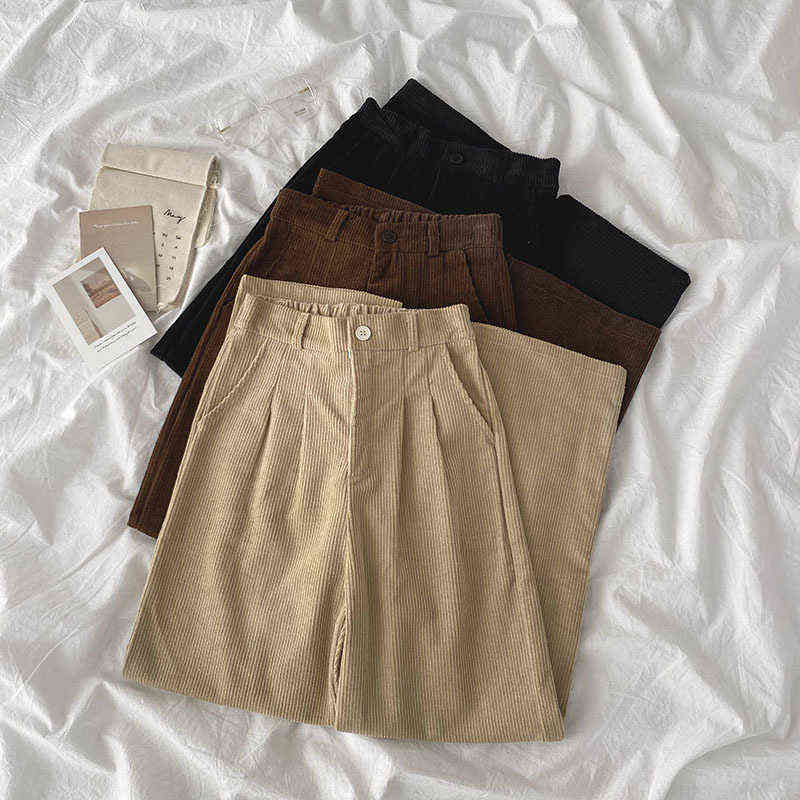 High Waist Corduroy Wide Leg Pants Female Vintage Brown Black Straight Trouser Without Belt Women Casual Harajuku Bottoms 211216