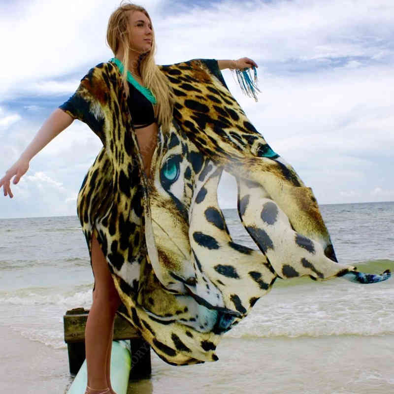 Beach Cover up Tunics for Print Chiffon Long Kaftan Bikini Robe de Plage Sarong Wrap Swimsuit cover Q1126 210420