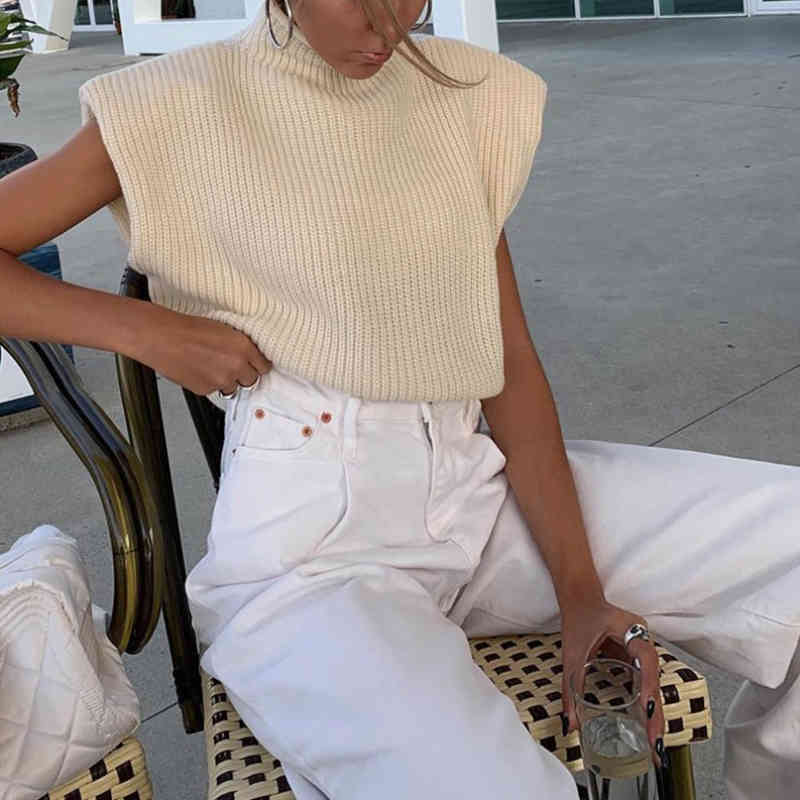 Casual Woman Shoulder Pad Knitted Vest Fashion Ladies Autumn Turtleneck Sleeveless Sweater Female Chic Solid color Top 210515